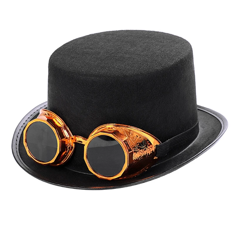 

Victorian Steampunk Gothic Top Hat with Detachable Goggles Bowler Jazz Cap Halloween Cosplay Carnival Costume Accessory