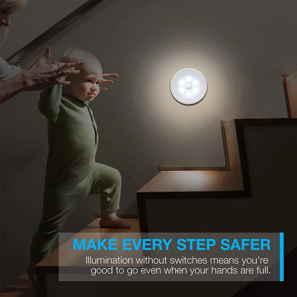 Motion Sensor Night Light Wireless Round LED Closet Stair Lamp Magnet Safe Hallway Bathroom Bedroom Kitchen cabinet Lights | Лампы и