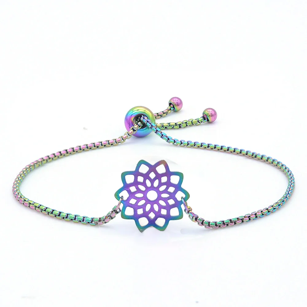 100% радужные разноцветные женские браслеты с лотосом из нержавеющей стали