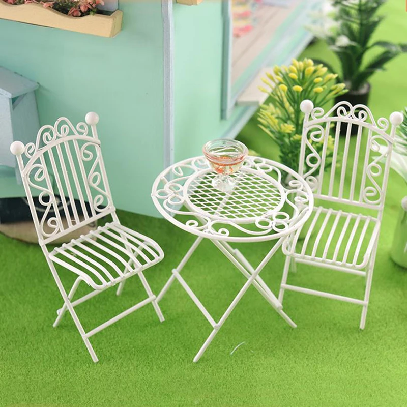 

1Set 1:12 Dollhouse Miniature European White Table Chair Set For Doll House Balcony Garden Decor