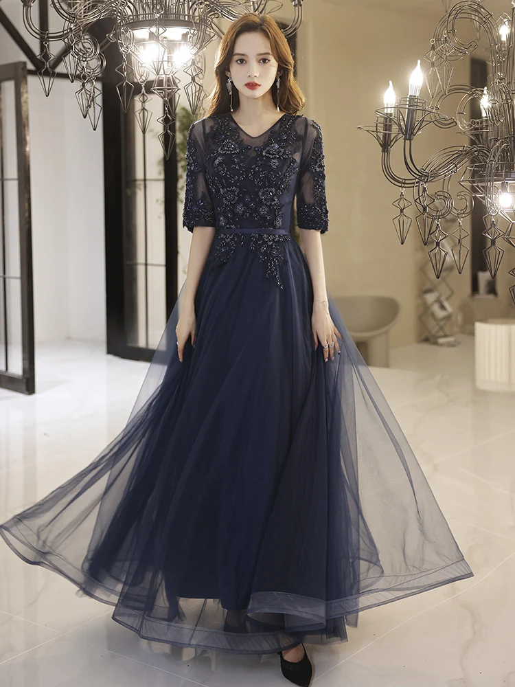 

Luxury Navy Blue Evening Dresses For Mother Of The Bridal A-Line Floor-Length Appliqeus Tulle Long Women Formal Gowns