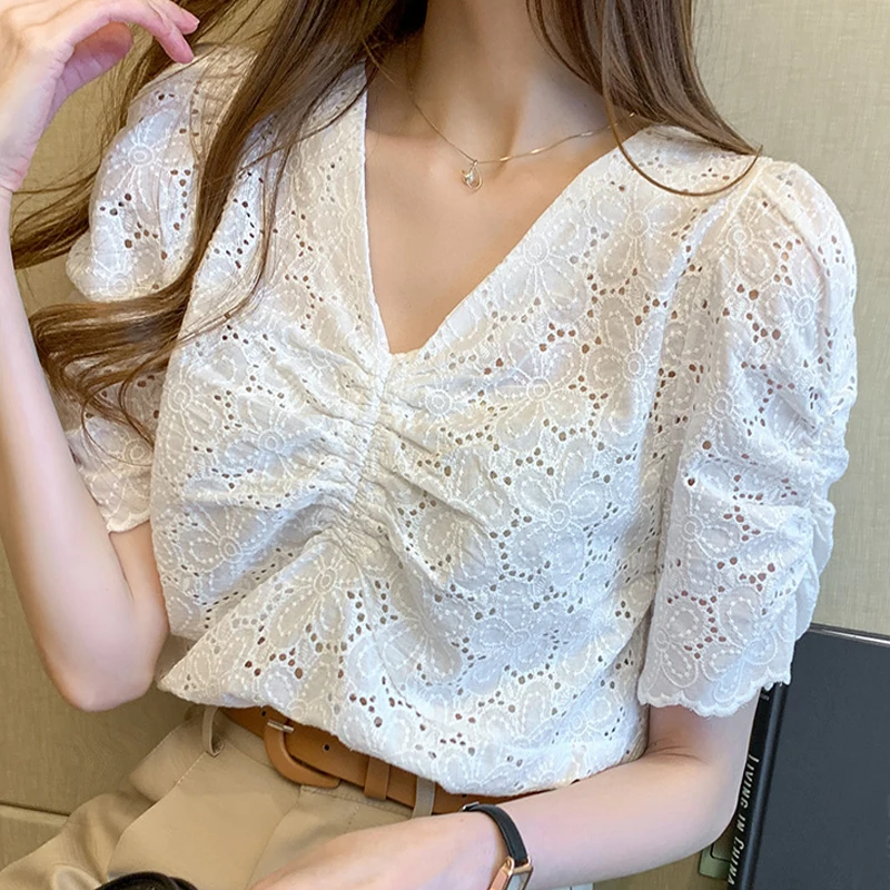 

Летняя женская белая блузка с коротким рукавом, ажурная кружевная блузка, рубашка, топы, блузка для женщин, модные женские блузки 2021, женские...