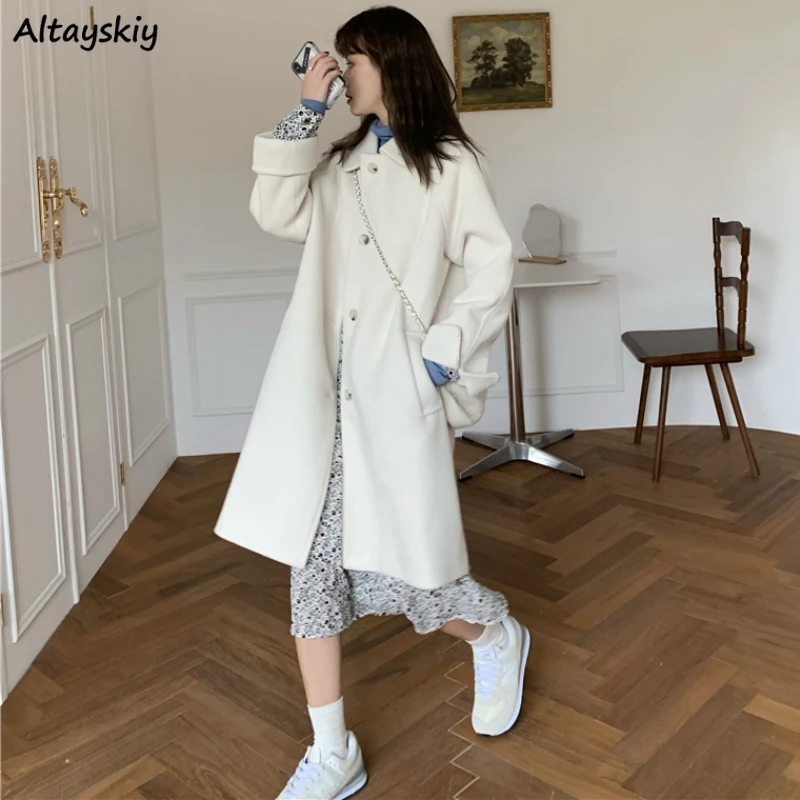 

Wool Blends Long Coats Women Autumn Winter Chic Solid Sweet Loose Korean Fashion Overcoat Long Sleeve Outerwear Turn-down Collar