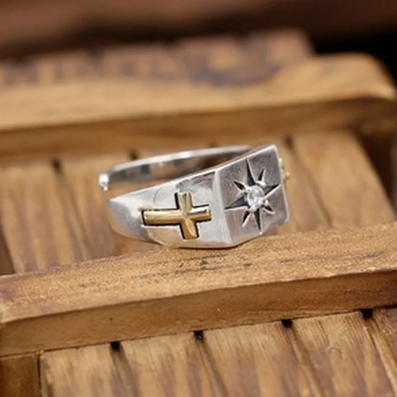 Мужское регулируемое кольцо из тайского серебра 925 пробы с крестом
