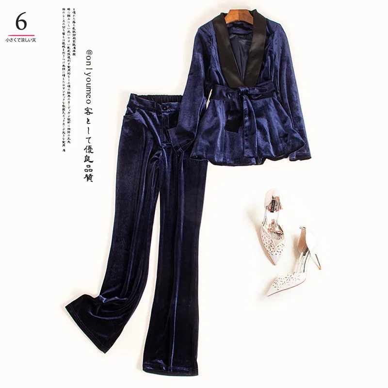 Женский костюм из пиджака и длинных брюк бархатный пиджак с отложным воротником