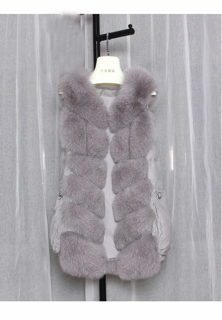 light gray Модное женское зимнее пуховое пальто из натурального Лисьего меха, куртка без рукавов, длинный женский жилет, верхняя одежда на утином пуху - Цвет: light gray