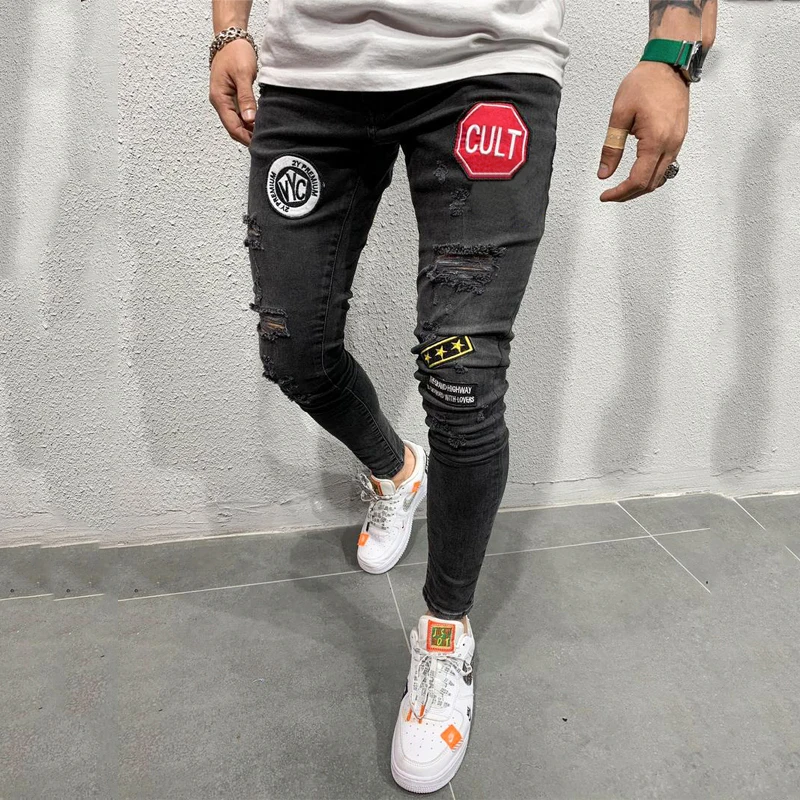 Jeans autumn new European code Men's embroidery hole torn fashion jeans men's casual Slim blue black hip hop large size | Мужская