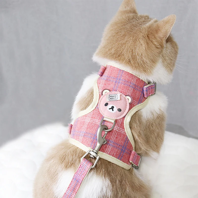 

Fashion Pet Kitty Accessories for Cat Comfortable Plaid Pattern Harness and Leash Set Bear Lead Puppy Harness for Animals Cat