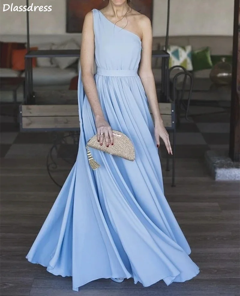 

Шифоновое вечернее платье, голубое Простое Элегантное платье на одно плечо без рукавов для свадьбы, выпускного вечера