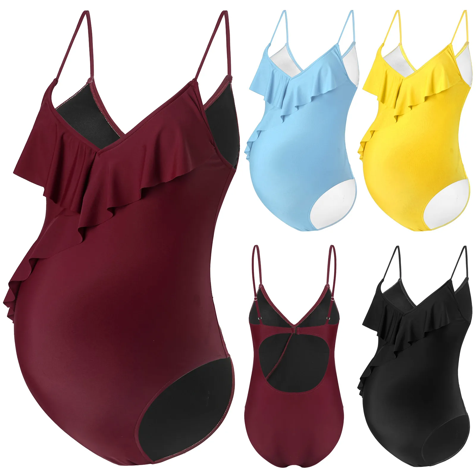 

One Piece Maternity Swimsuits Ruffle Flounce Swimwear Falbala Halter Monokini Deep V Neck Bathing Suits