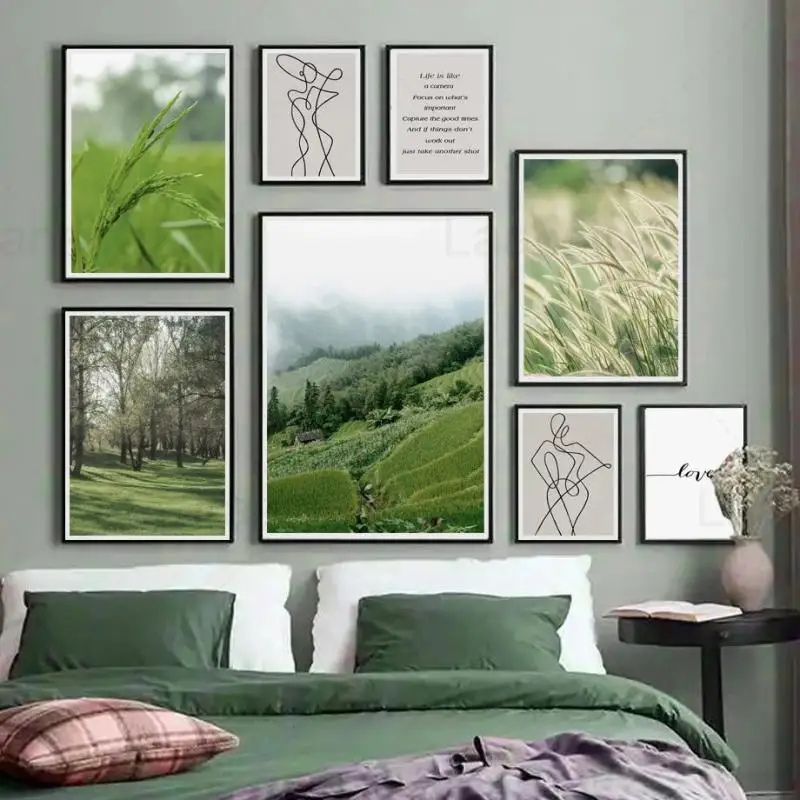 

Fresh Green Style Wall Art Canvas Painting Rice Field Forest Grass Scenery Line Drawing Figure Quotes Nordic Home Decor Posters