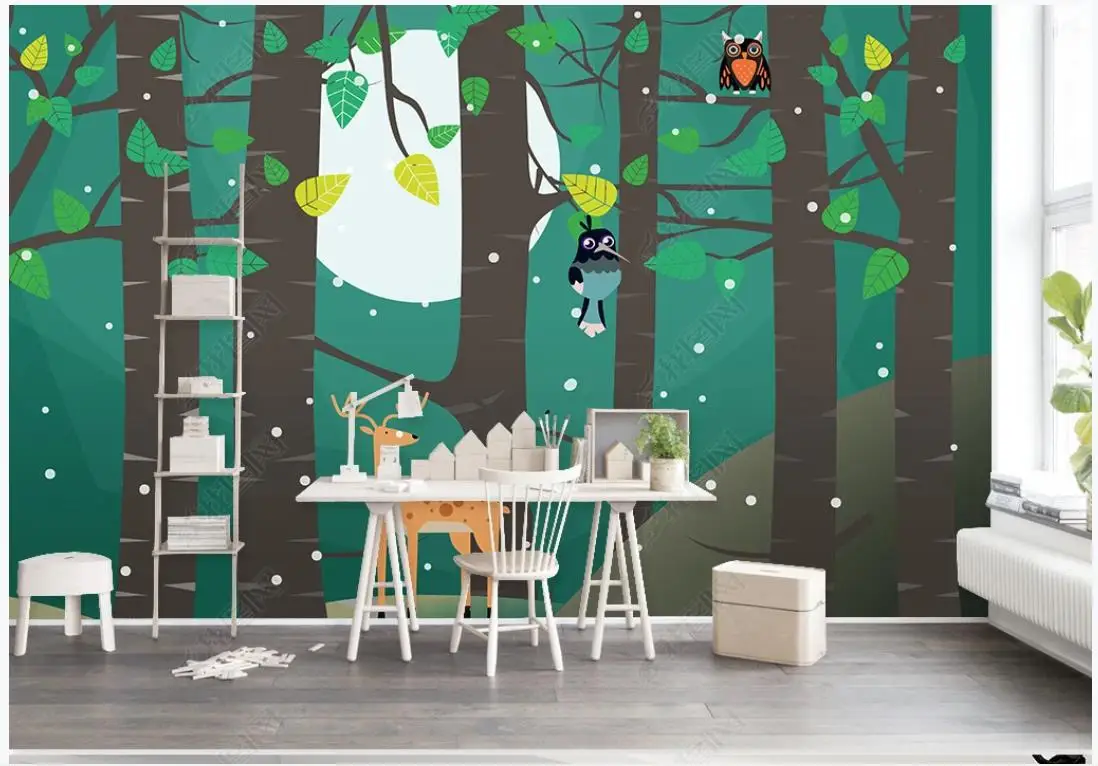 

Custom photo wallpaper for walls 3 d murals Cartoon green fairy tale trees forest bird dream background wall decorative painting