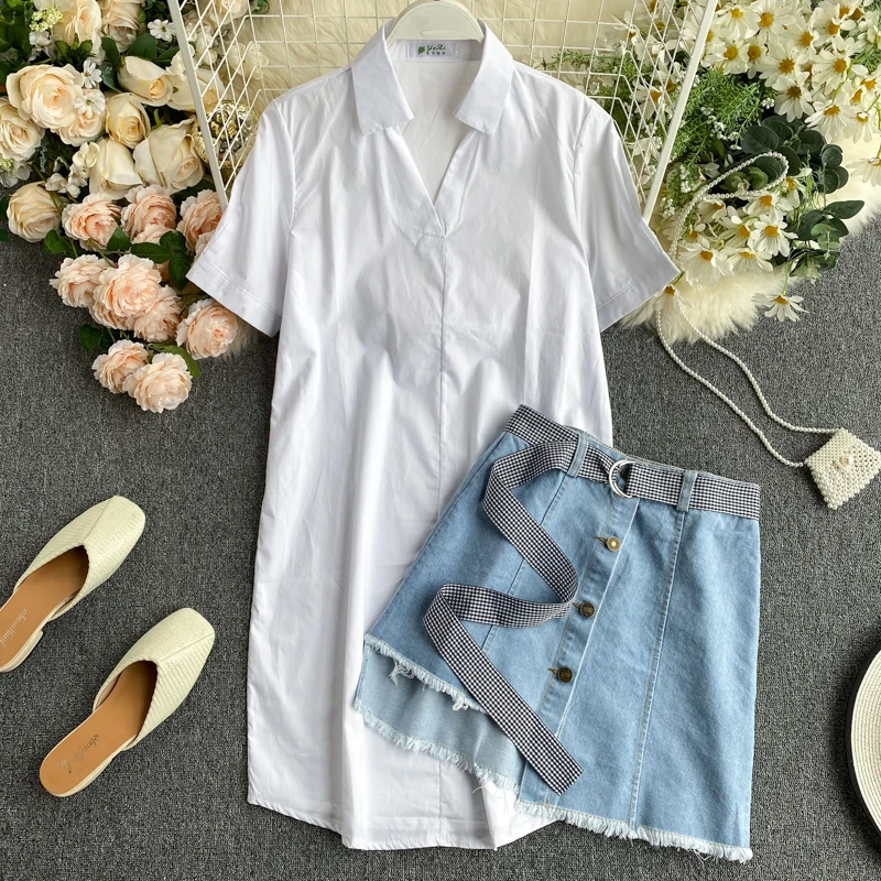 Женское платье с коротким рукавом и джинсовой юбкой комплект из двух предметов в