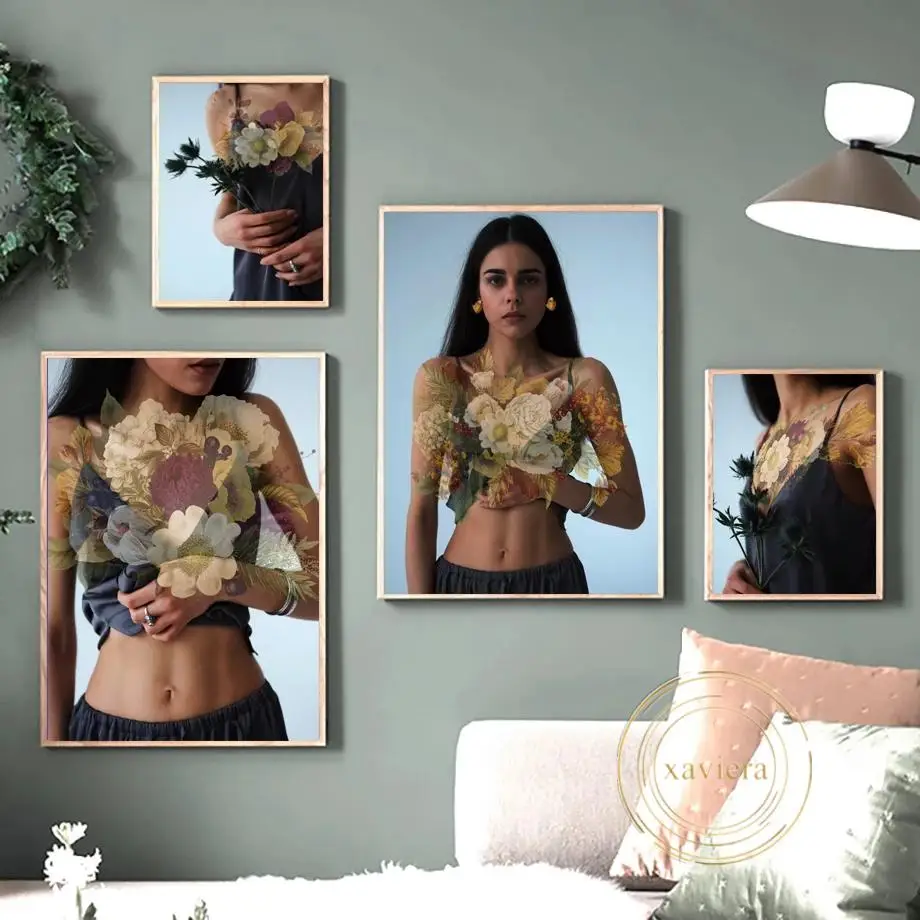 Модная Картина на холсте с изображением сексуальной девушки и цветов постер для