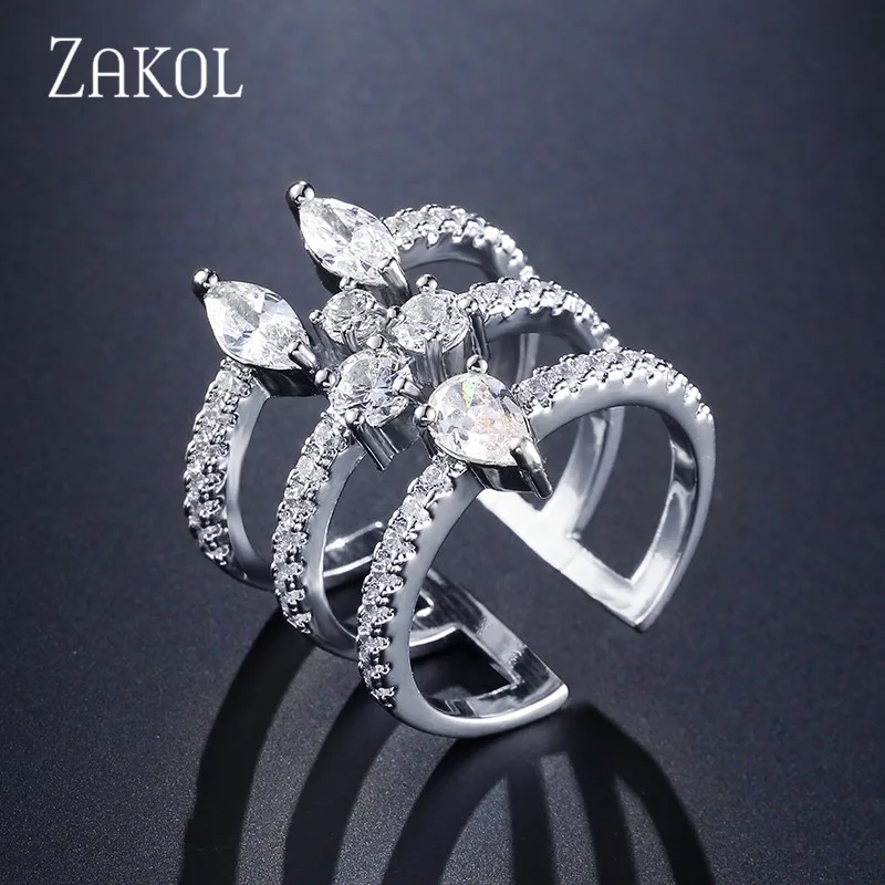 ZAKOL Новое модное кольцо белого цвета с фианитом ААА Открытое широкие Полые