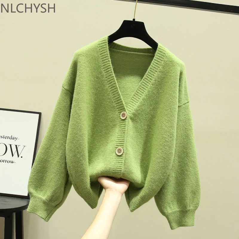 

2021 Autumn Winter New Knit Female Oversize Cardigan Women Loose Casual V Neck Knitted Sweater Coat Lady Green Cardigan