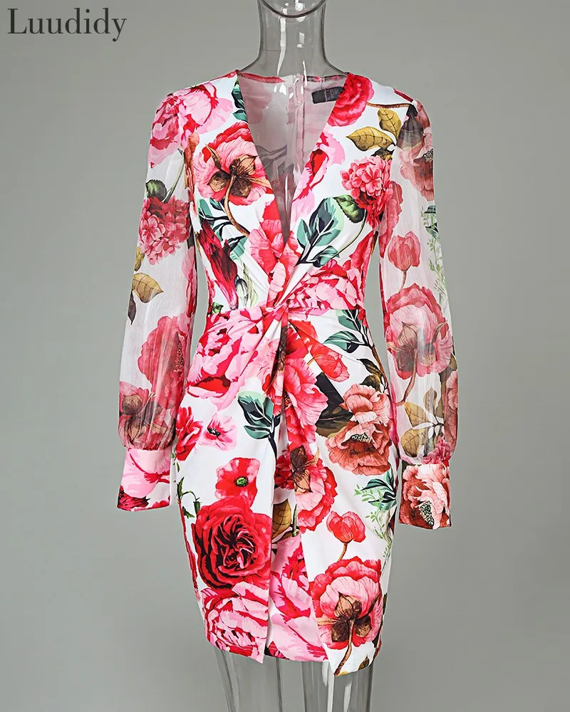 

Women Elegant Sexy Long Sleeve Casual Mini Dress Female V Neck Mesh Floral Print Twisted Waist Midi Dress