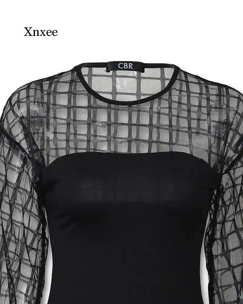 

Women Black Blouses Patchwork See Through Long Lantern Sleeves o Neck Tops Female Fashion Summer Elegant Office Ladies Work Wear