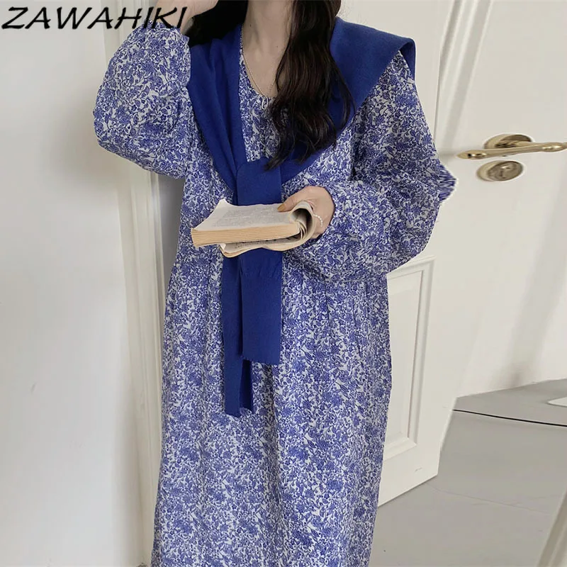 

ZAWAHIKI Autumn Korean French Retro Round Neck Puff Long Sleeve Floral Dress Fashion Outer Tower Sweater Two-piece Female Suit