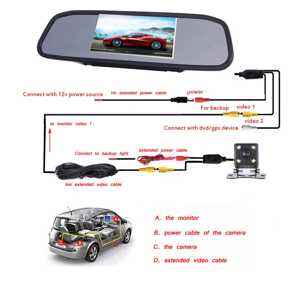 Podofo 4 3 "TFT lcd Автомобильный парковочный зеркальный монитор заднего вида 2 видео