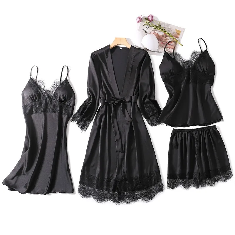 

4PCS Sleep Set Women Satin Wedding Robe Set Sexy Nightwear Home Clothing Casual Lace Intimate Lingerie Kimono Bathrobe Gown