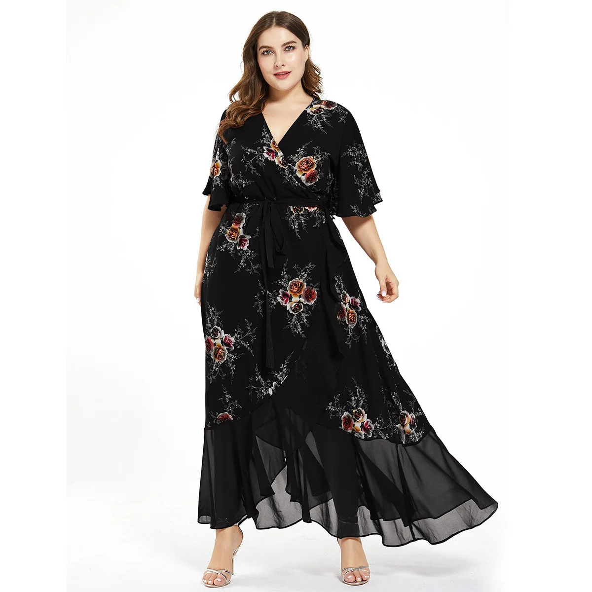

Women Summer Dress Plus Size 4XL 5XL Female V Neck Short Sleeve Floral Print Ruffles Boho Beach Dress Maxi Long Wrap Dresses