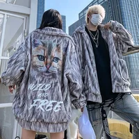 Men Women Faux Fur Cat Print Furry Coat Winter Fur Jacket Couples Wear  Loose Luxury Plush Teddy Jackets Thick Parka