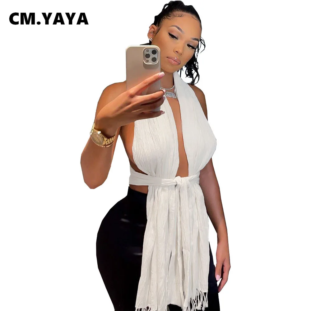 Женские топы без рукавов CM.YAYA однотонные Асимметричные бандажные с поясом и