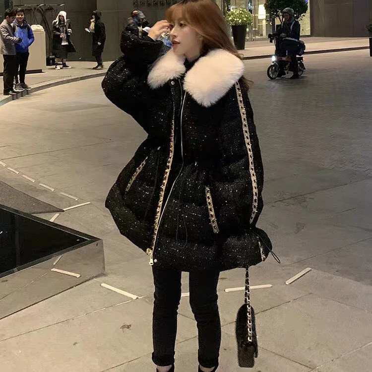 

Winter Woman Jacket White Luxury Faux Cropped Fur Collar Black Coat A-line Flare Sleeve Drawstring Waist Fashion Vintage Coat