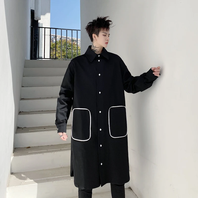 

M-XL!Spring personality pocket loose mid-length long-sleeved shirt trendy men's Japanese solid color handsome shirt.