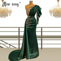 green mermaid arabic one shoulder evening dress with overskirt dubai women wedding party gowns vintage prom formal dress