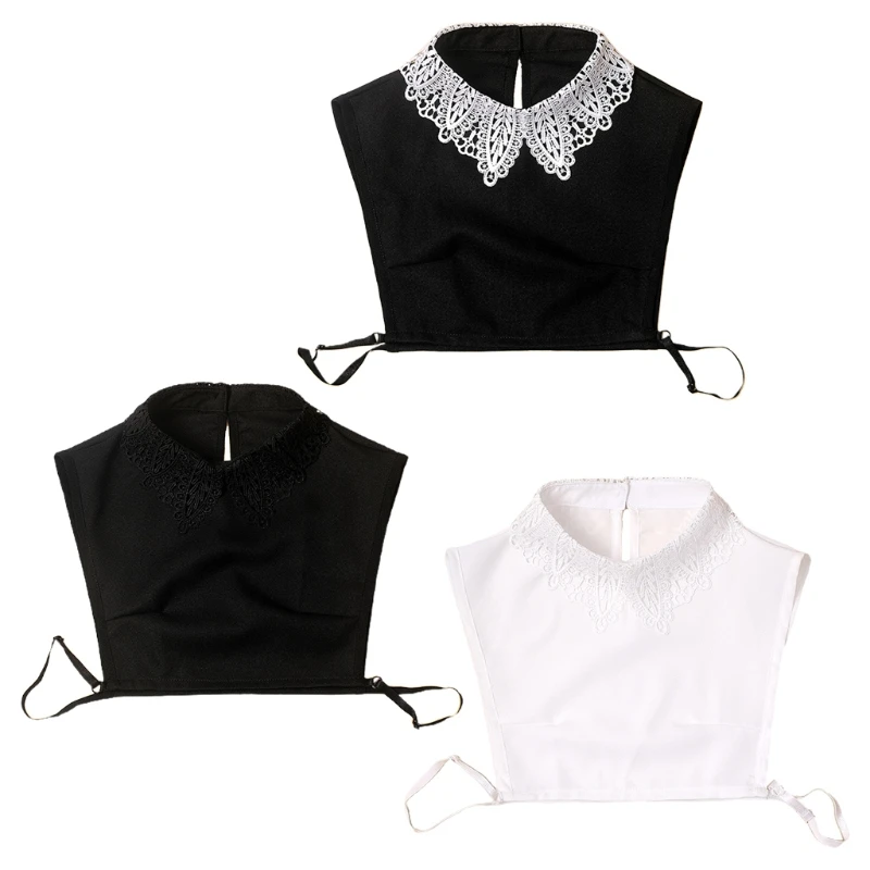 

Korean Women Hollow Out Leaves Lace Lapel False Fake Collar Back Keyhole Button Detacahble Pullover Half Shirt Blouse Solid