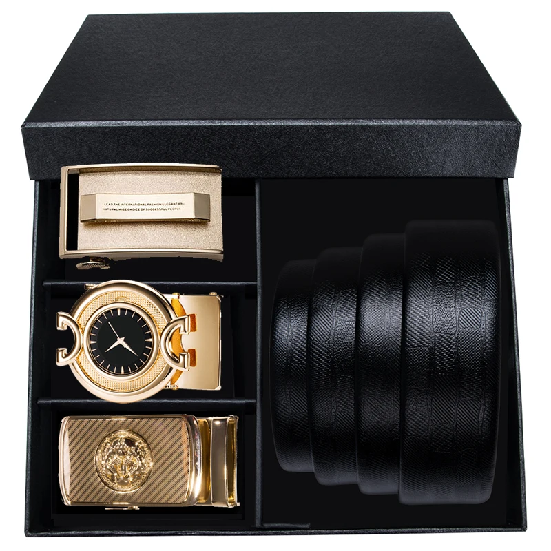 Мужской ремень из натуральной воловьей кожи Hi Tie дизайнерский с золотой пряжкой