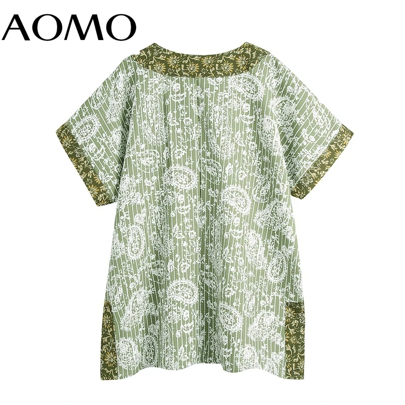 

AOMO Women Retro Flowers Print Oversize Shirt Short Sleeve 2021 Chic Female Long Blouse Shirt Tops CE282A