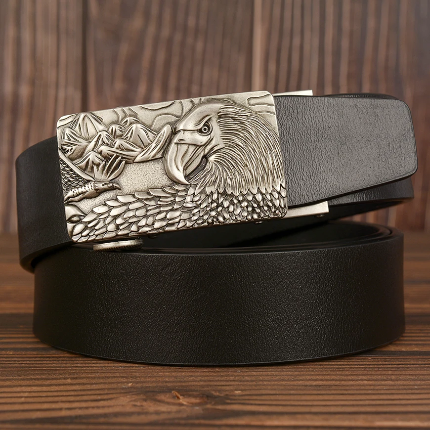 Drop Shipping Genuine Leather men Ratchet belts Gold Eagle Automatic Buckle Fashion Luxury Causal Cowskin Dress for | Аксессуары для