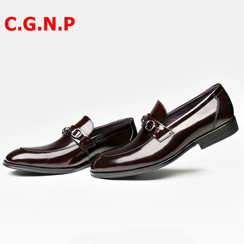 C.G.N.P Business Casual Shoes Black Wine-red Genuine Leather Loafers Men Round Toe Slip On Dress Shoes Formal Shoes Mens Shoes