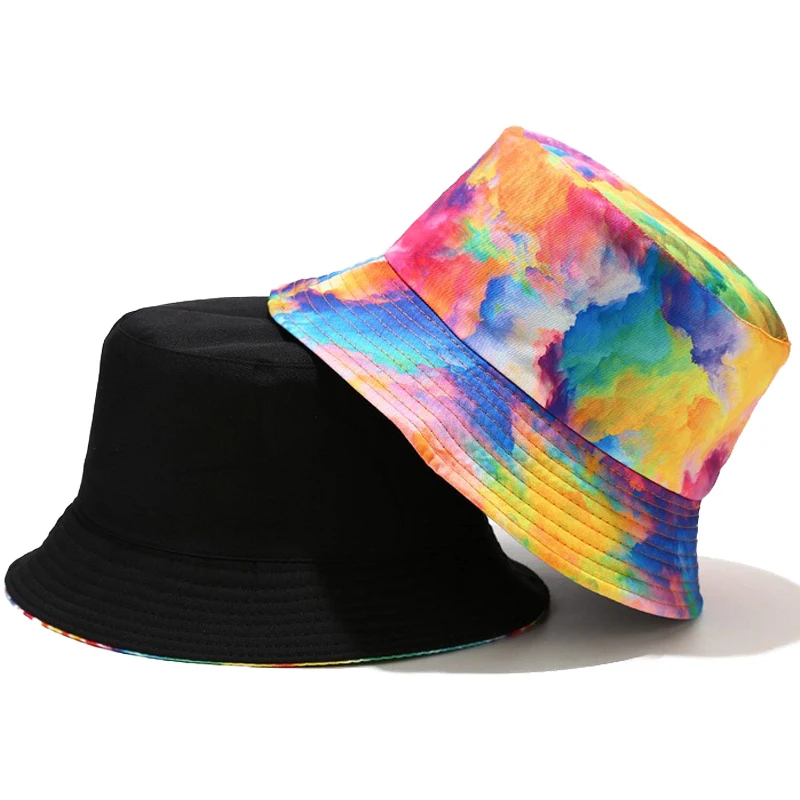 

2021 New Summer Tie Dye Bucket Hat Fishing Caps Womens Flat Fishermen Caps Fashion Harajuku Hat Korea Unisex