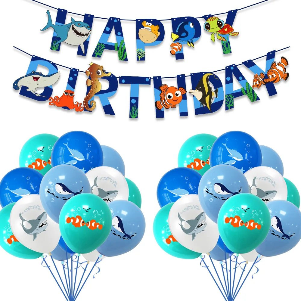 

Ocean Shark Cartoon Animal Cartoon Happy Birthday Letter Balloon Flag Flower Set