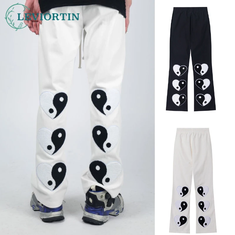

Hip Hop Chinese Tai Chi Heart Print Pants Men Embroidered VIBE Wind Straight Wide Leg Pants High Street Fashion Men's Trousers