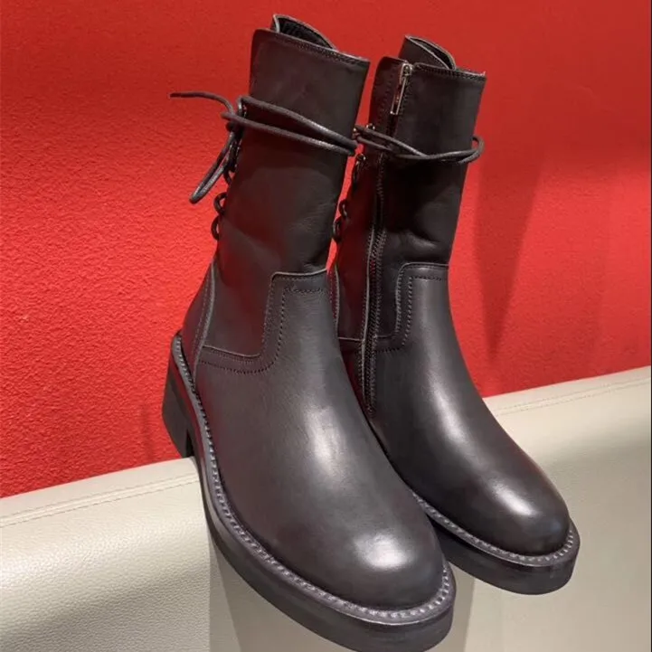 Лидер продаж 2019 года женские кожаные ботинки однотонные до середины икры с