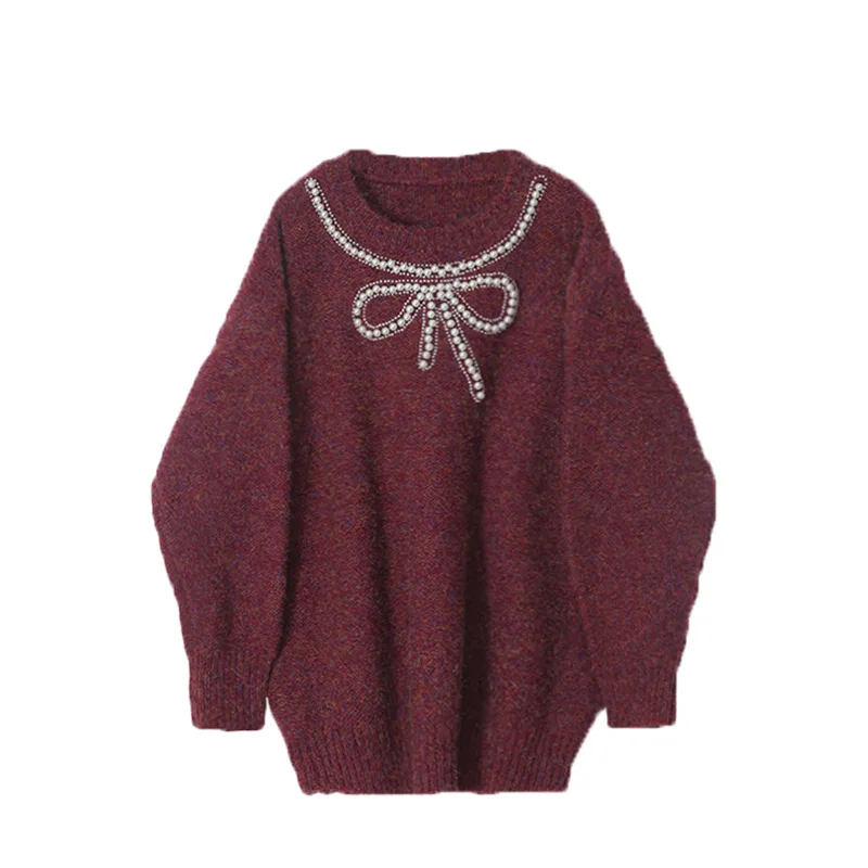 

Winter Autumn Bow Sweater Beaded Fashion Elegant Retro Knitted Top Women Loose Comfortable Warm Pullover Japanese Fashion Jumper