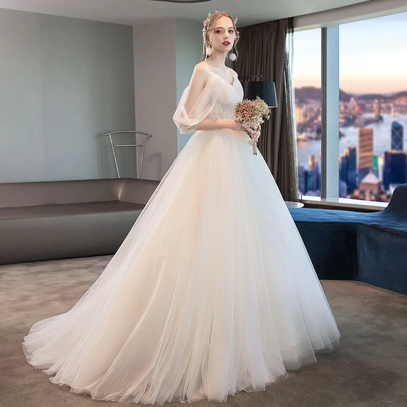 

V Neck New Wedding Dress with Train Simple Spaghetti Strap Plus sizes Vestido De Noiva vestido de festa Ball Gown