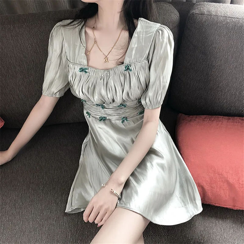 

Модное женское платье с принтом, повседневные праздничные платья с квадратным вырезом и высокой талией для женщин, Плиссированные Мини пла...