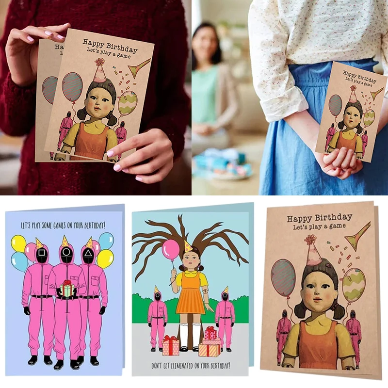 

Creative Happy Birthday Card Squid Game Party Invitation Greeting Gift Character Card Tv Squid Game Movie Series Anime Card