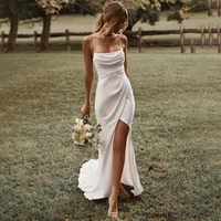 spaghetti straps high split satin sexy wedding dress 2022 ruched mermaid backless bridal gown elegant new