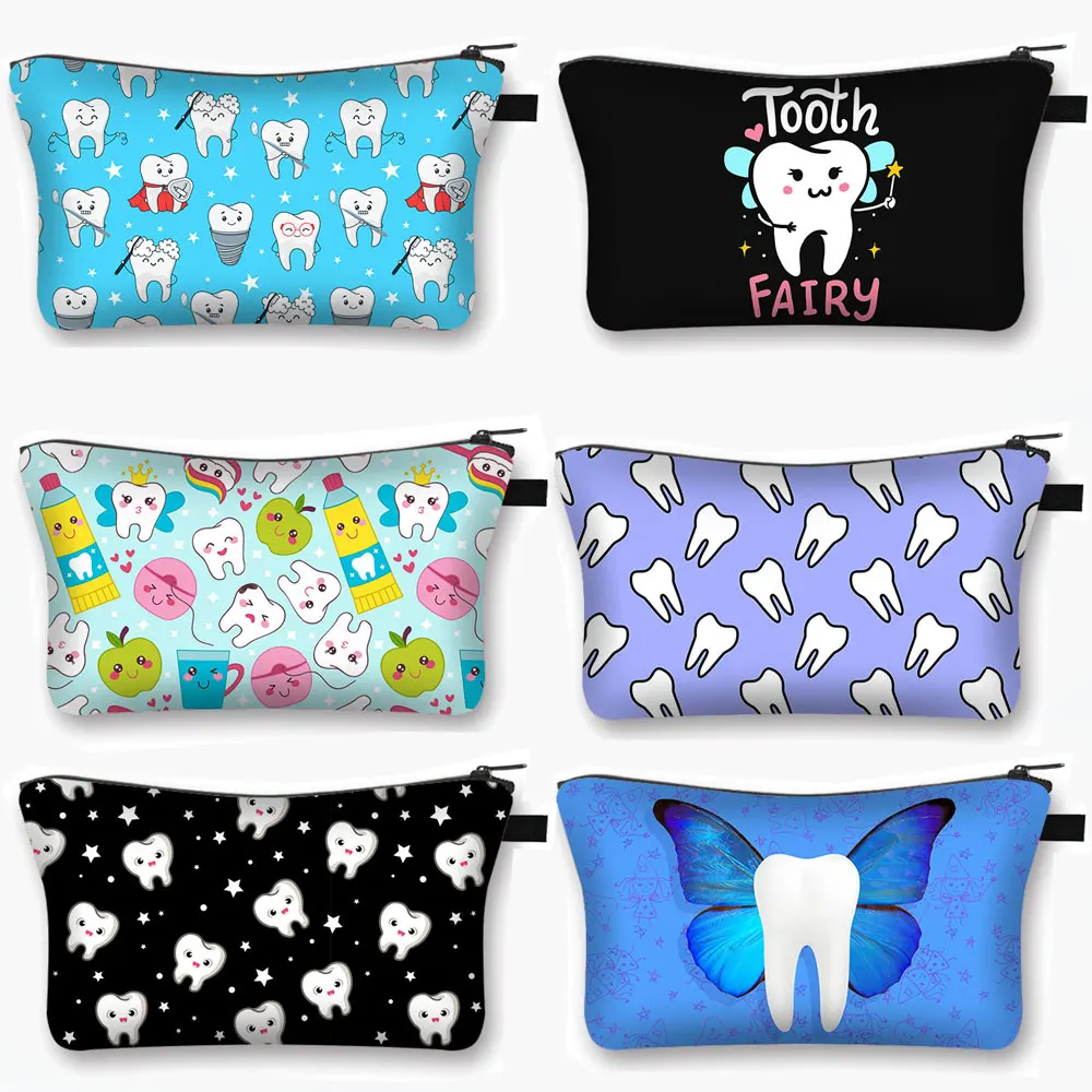 Cartoon Teeth and Tooth Fairy Print Cosmetic Case Women Makeup Organizer Dental Hygienist Girls Storage Bags Ladies Make Up Bag