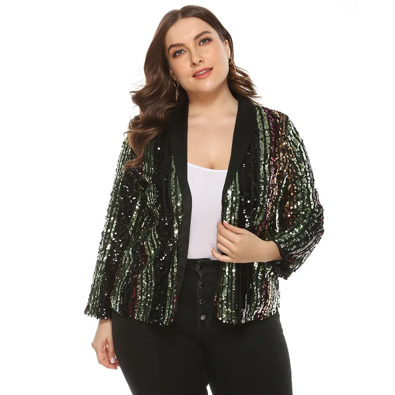 

Colorful Striped Sequins Jackets Plus Size Women's Coat Long Sleeve Casual Cardigan Outerwear T19469