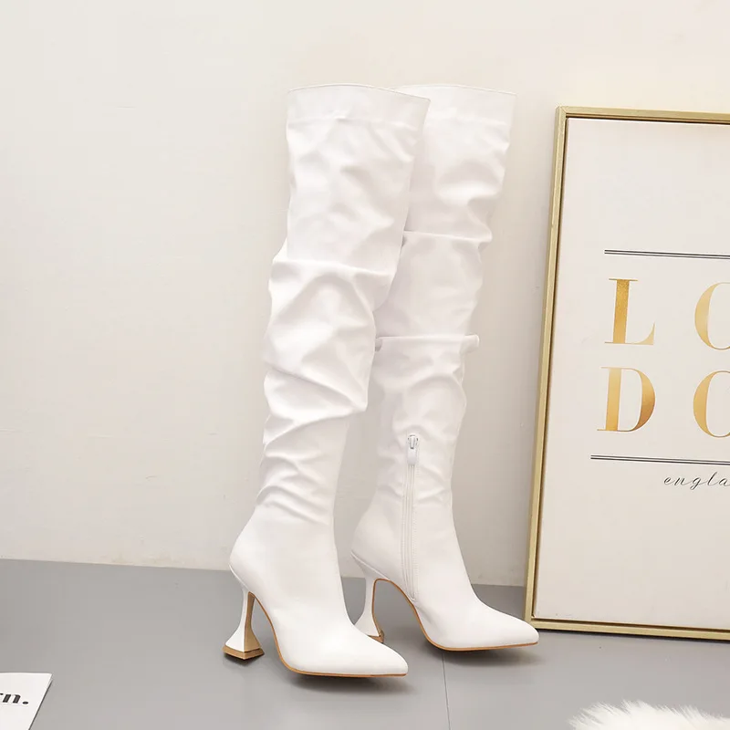 

2021 New High Boots Female Pointed Toe Folds Personality High-Heeled Knee-Length Boots Were Thin And Large Size Women's Boots