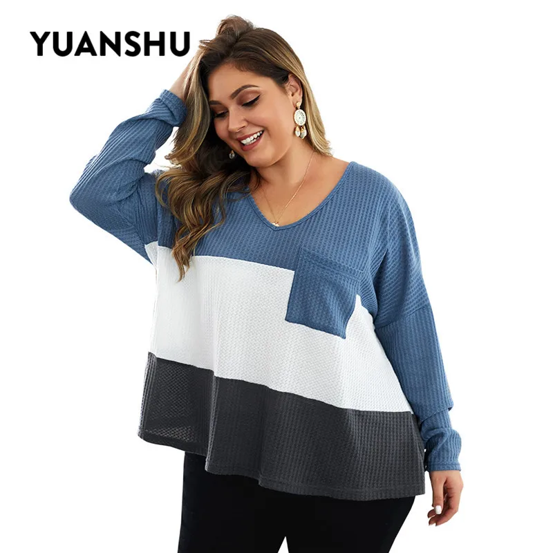 YUANSHU Fashion Striped Patchwork Knitted Plus Size Blouse Women V Neck Pocket High Quality Loose Tops XL-4XL Large Blouses | Женская