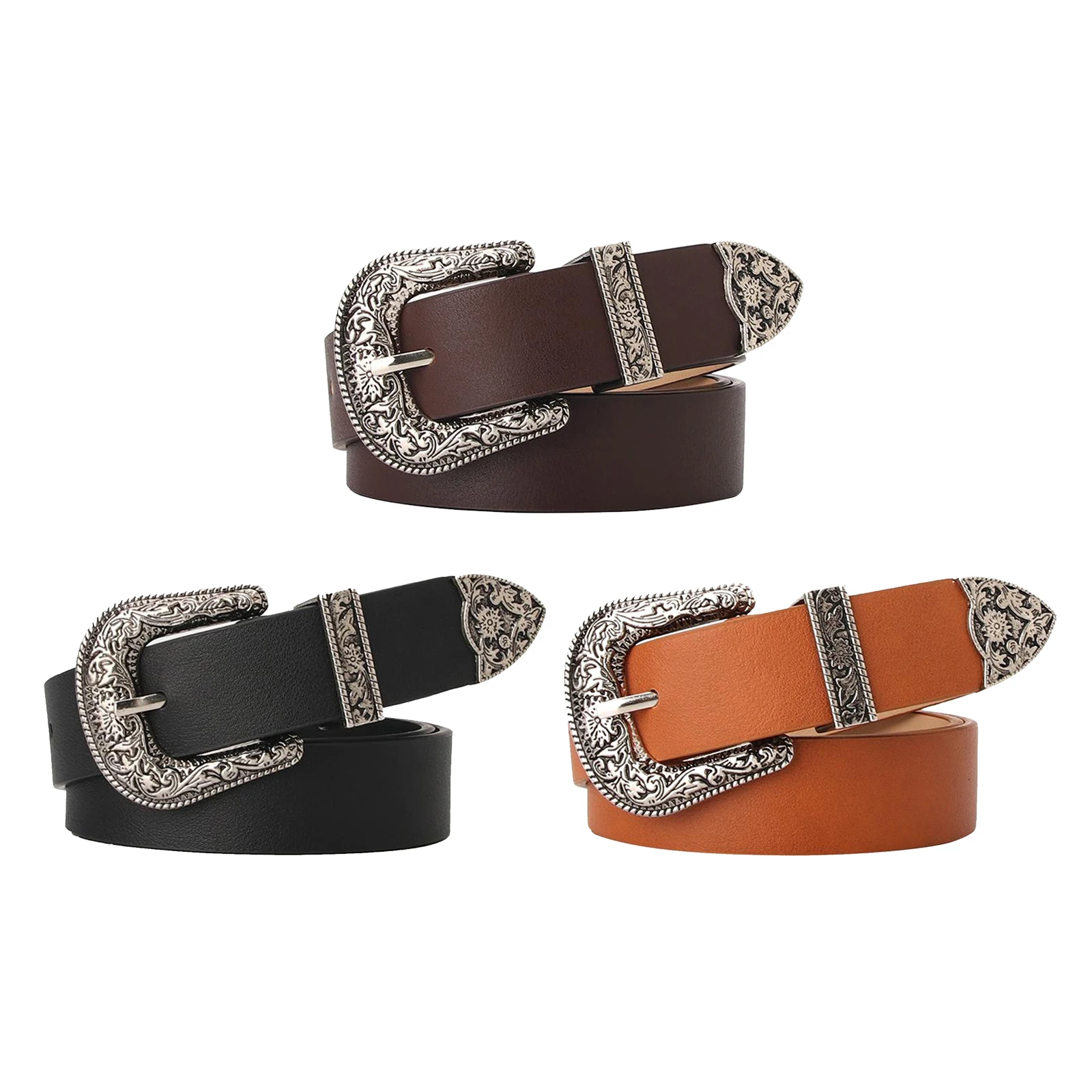 

WOMENS LEATHER SKINNY BELTS CARVED BUCKLE STYLISH LEATHER BELT 105CM LENGTH